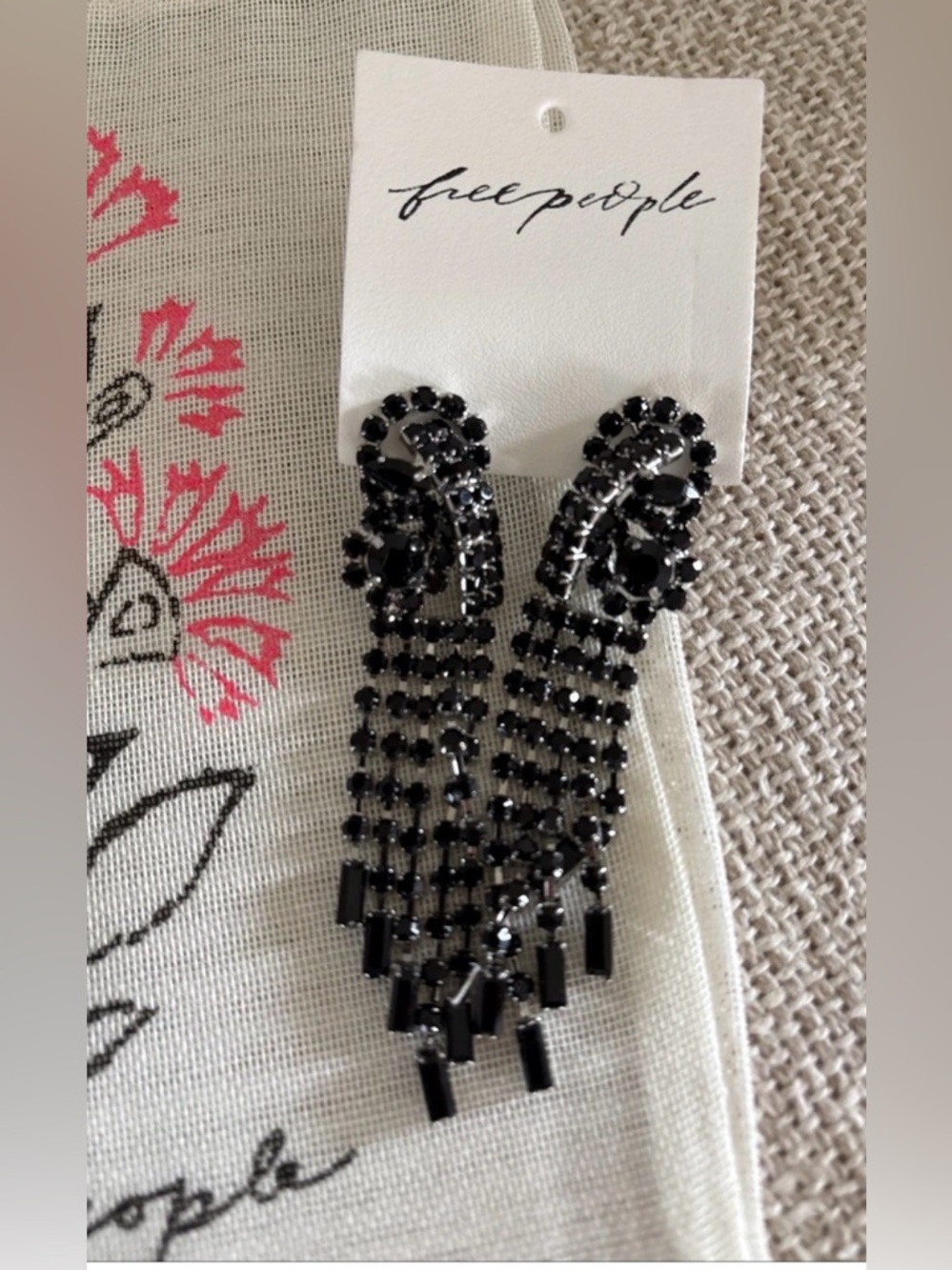 Free People Jet Black Crystal Fringe Chandelier Earrings